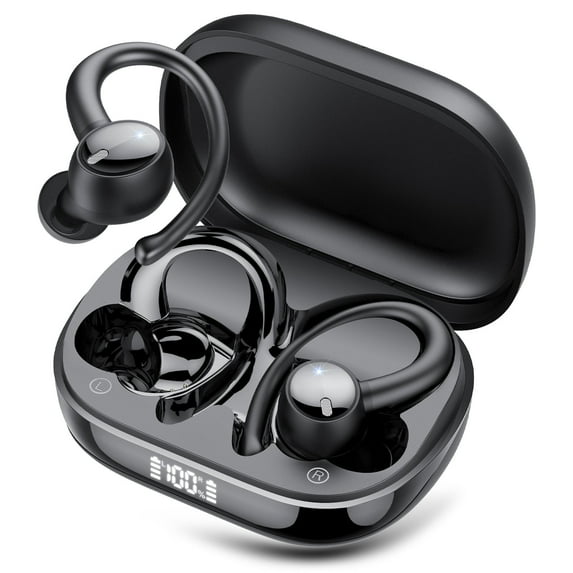 Bluetooth Headphones 5.4, 60Hrs Playtime Wireless Earbuds, Bass Boost 85%, Over-Ear Headphones Built-in 4 ENC Mics, IPX7 Waterproof Ear Buds with Earhook for Exercise Running Sports Black