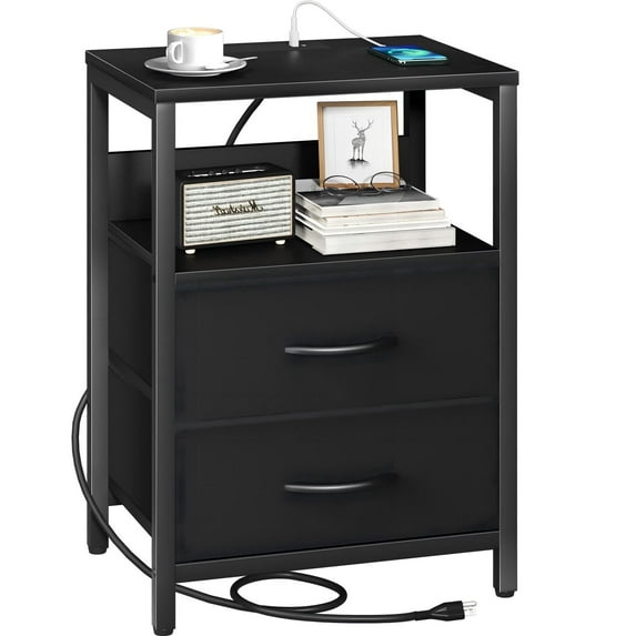 EZKAMFORT Night Stand Set 2 for Bedroom, Side Table with Charging Station, Black End Tables with Usb Ports and AC Outlets