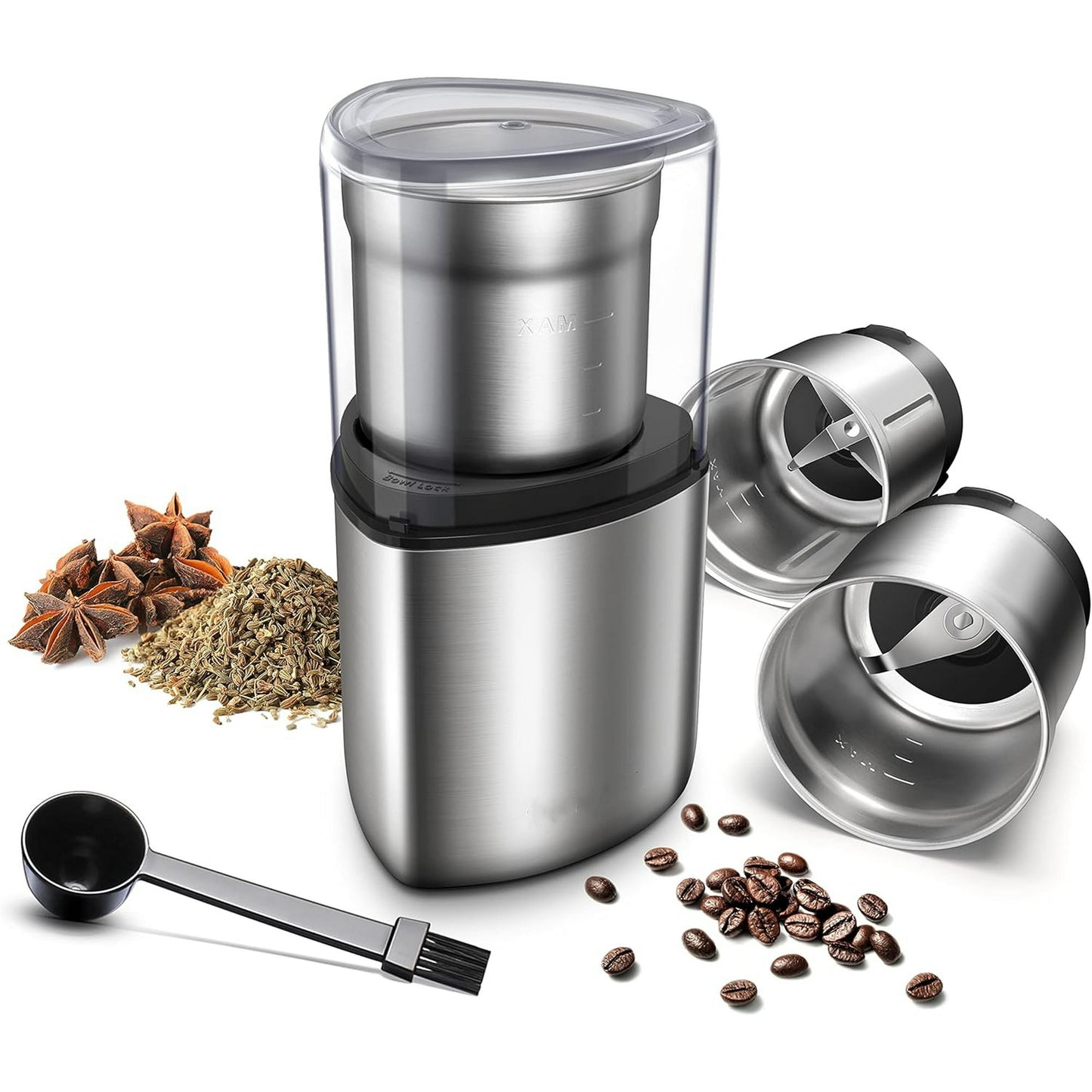 GDOR Coffee Grinder Electric Herb/Wet Grinder for Spices and Seeds with 2 Removable Stainless Steel Bowls, Silver