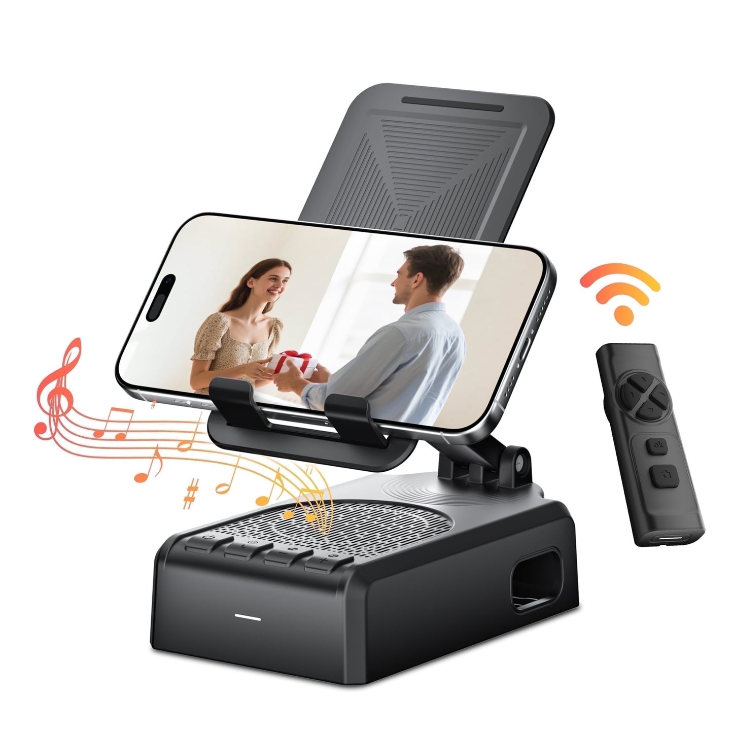 WeurGhy Cell Phone Stand with Bluetooth Speaker and Remote (Video/Camera Control), Wireless Portable Rechargeable Foldable Induction Audio Amplifier with Microphone, Gifts for Men Women