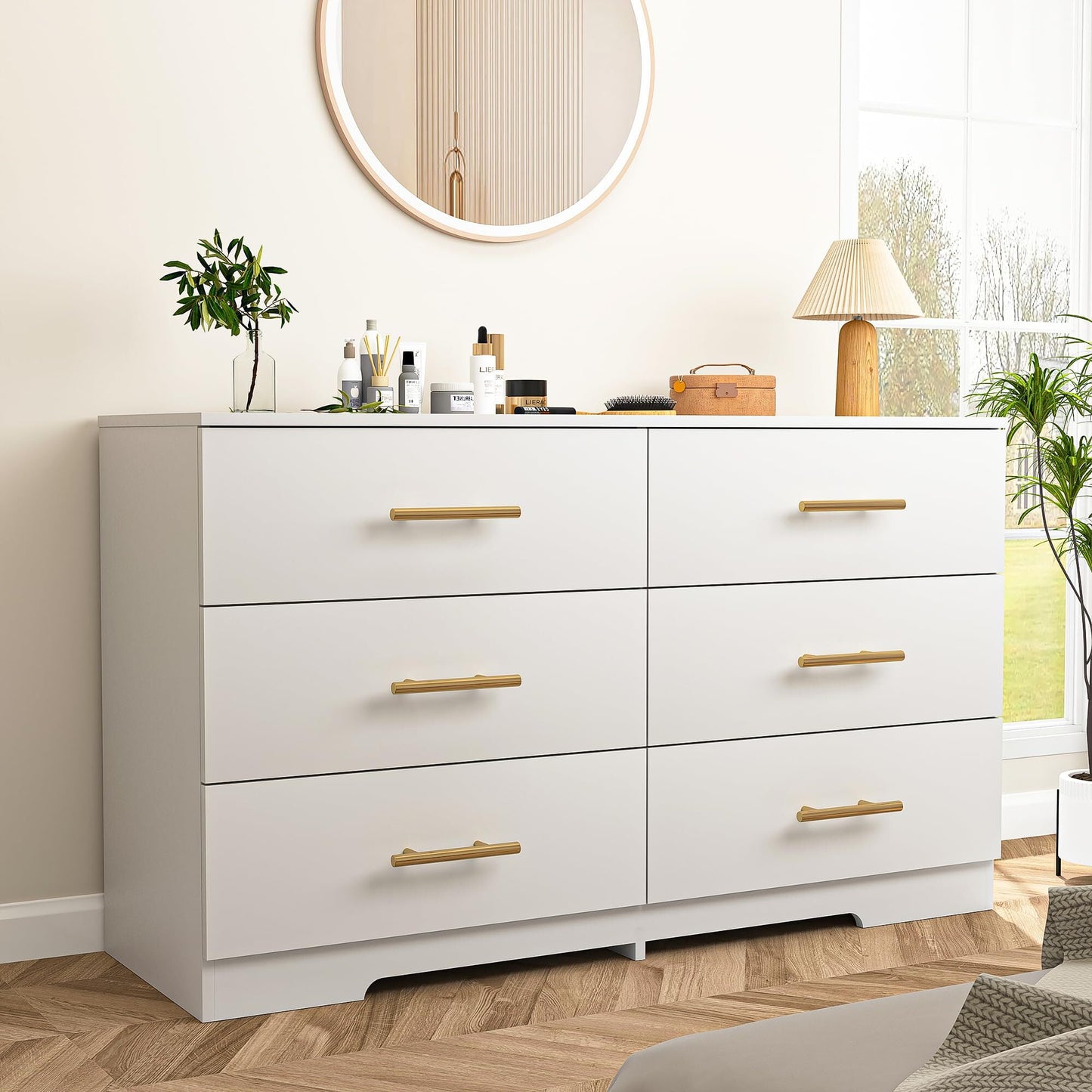 White 6 Drawer Dresser Organizer for Bedroom, Wood Large Storage Drawers, Modern Wide Chest of Drawers with Golden Handle for Living Room Entry Hallway Furniture