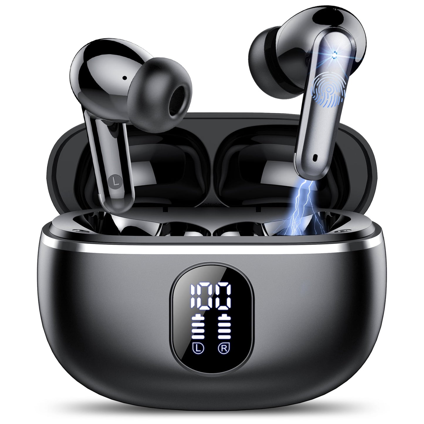 Wireless Ear Buds 50H Playback LED Power Display Earphones with Wireless Charging Case Headphones IPX7 Waterproof in-Ear Earbuds with Mic Compatible for iPhone Android Black