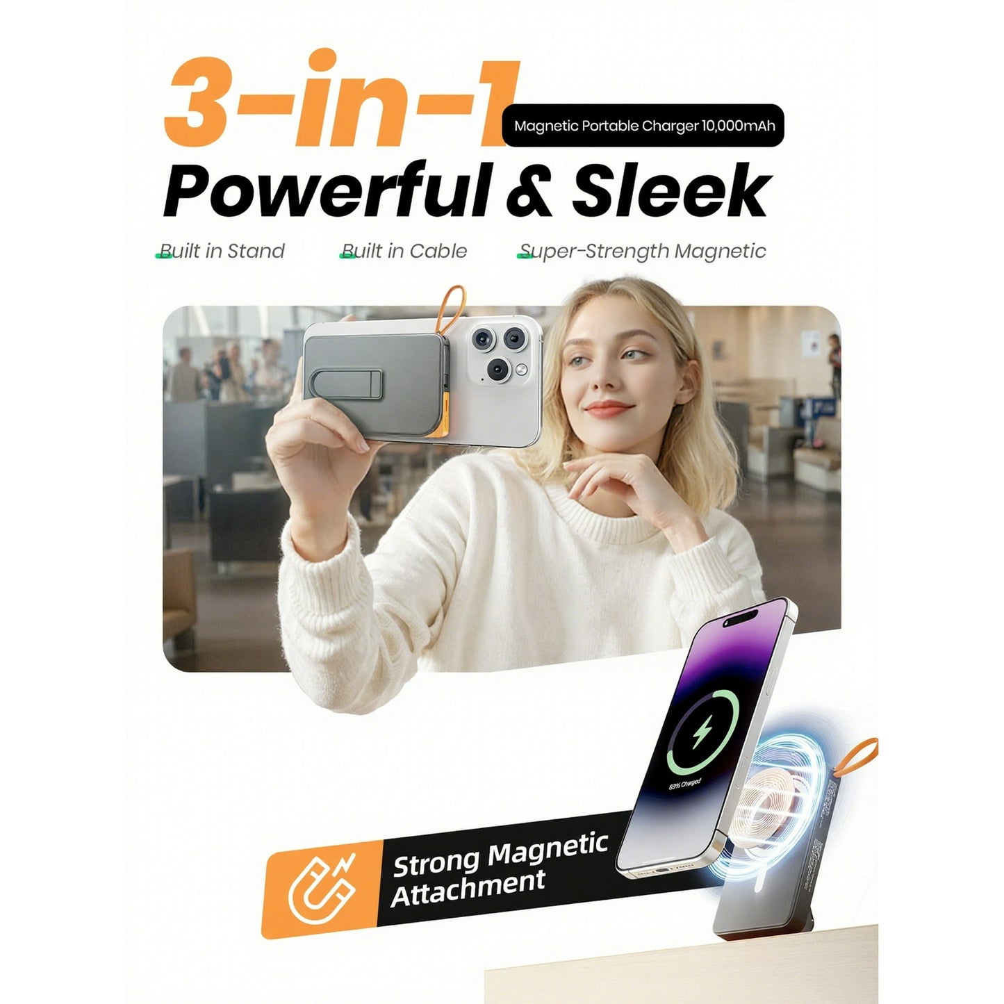 Magnetic Wireless Power Bank, 22.5W PD Fast Charging 10000mAh Battery Bank, Built-in USB-C Cable with Foldable Stand and LED Display, Magnetic Portable Charger for iPhone Series, iPad, Andriod, etc
