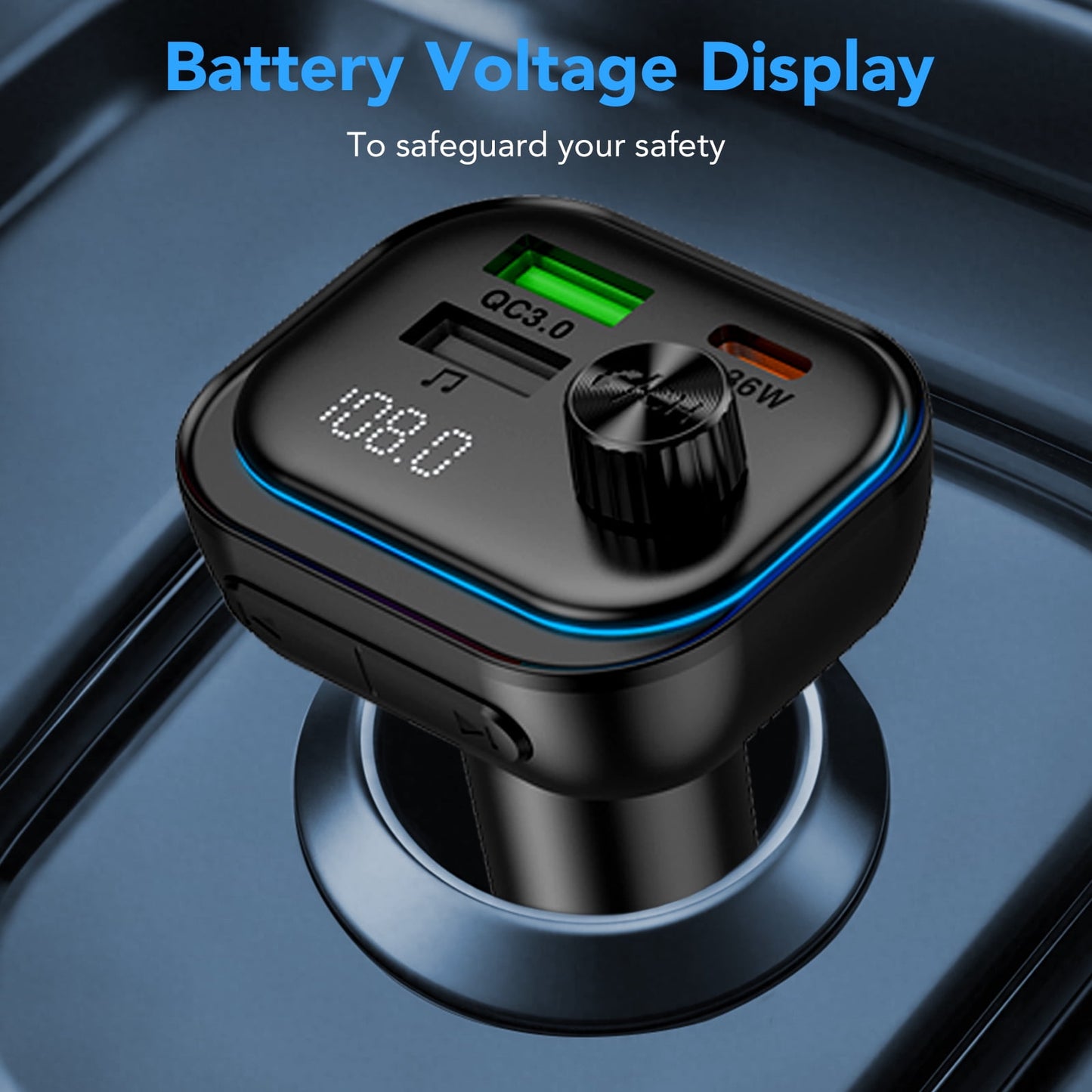 FM Transmitter Bluetooth with USB C Charger & Hands-Free Calling, Wireless Radio Adapter MP3 Player, Supports U Disk/AUX, Bluetooth FM Transmitter for Car, Compatible with iPhone/Android
