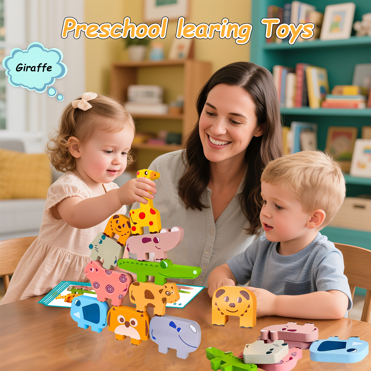 QXQ Montessori Toys for 1 year old, 10 Pack Wooden Animal Blocks Sorting & Stacking Education Toddler Puzzles Toys, Toddler Toys Age 0+ Year Old Girl Boy Birthday Gifts