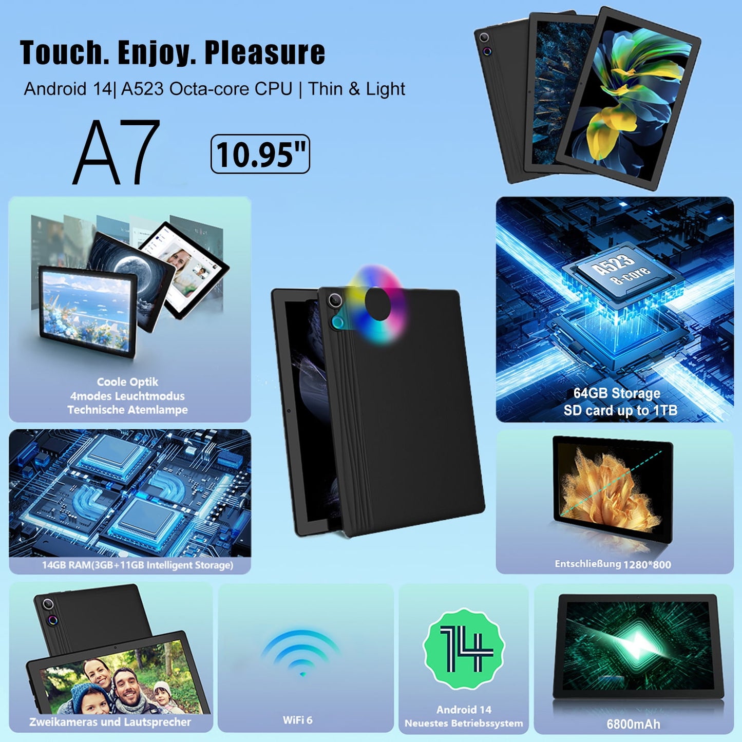 11 inch Tablet Android 14 Octa-Core, 14GB RAM+64GB ROM (TF 1TB), 6800mAh, Widevine L1, WiFi 6, 8 in 1 Tablet with Keyboard, Mouse, Protective Case, Stylus, Headset, Charger- Black