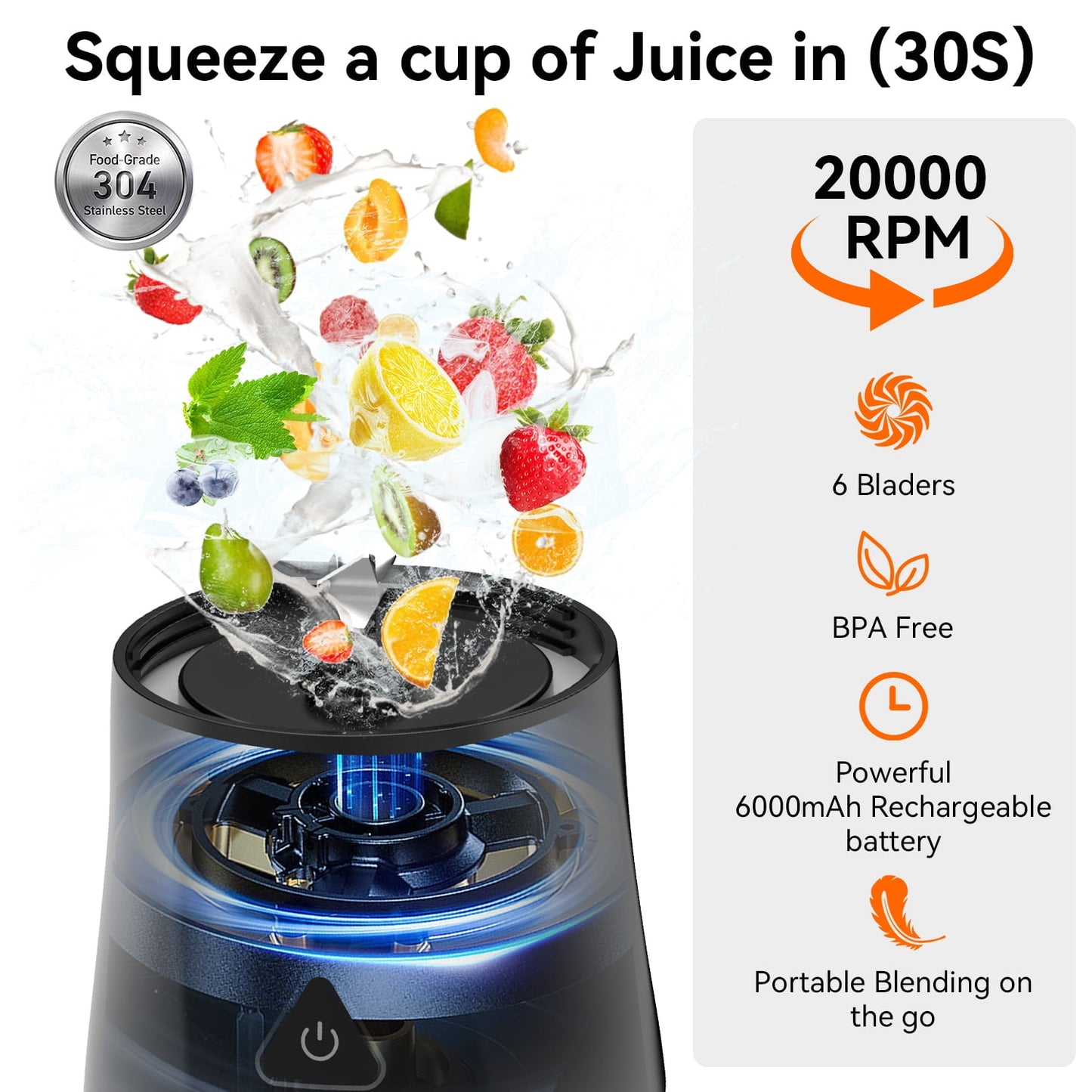 Portable Blender, 6000mAh Portable Juicer with USB Rechargeable for Shakes and Smoothies, BPA Free 24 oz Juicer Cup with 6 Blades and Lid, 360W Self Cleaning Personal Blender for Home/Office/Travel