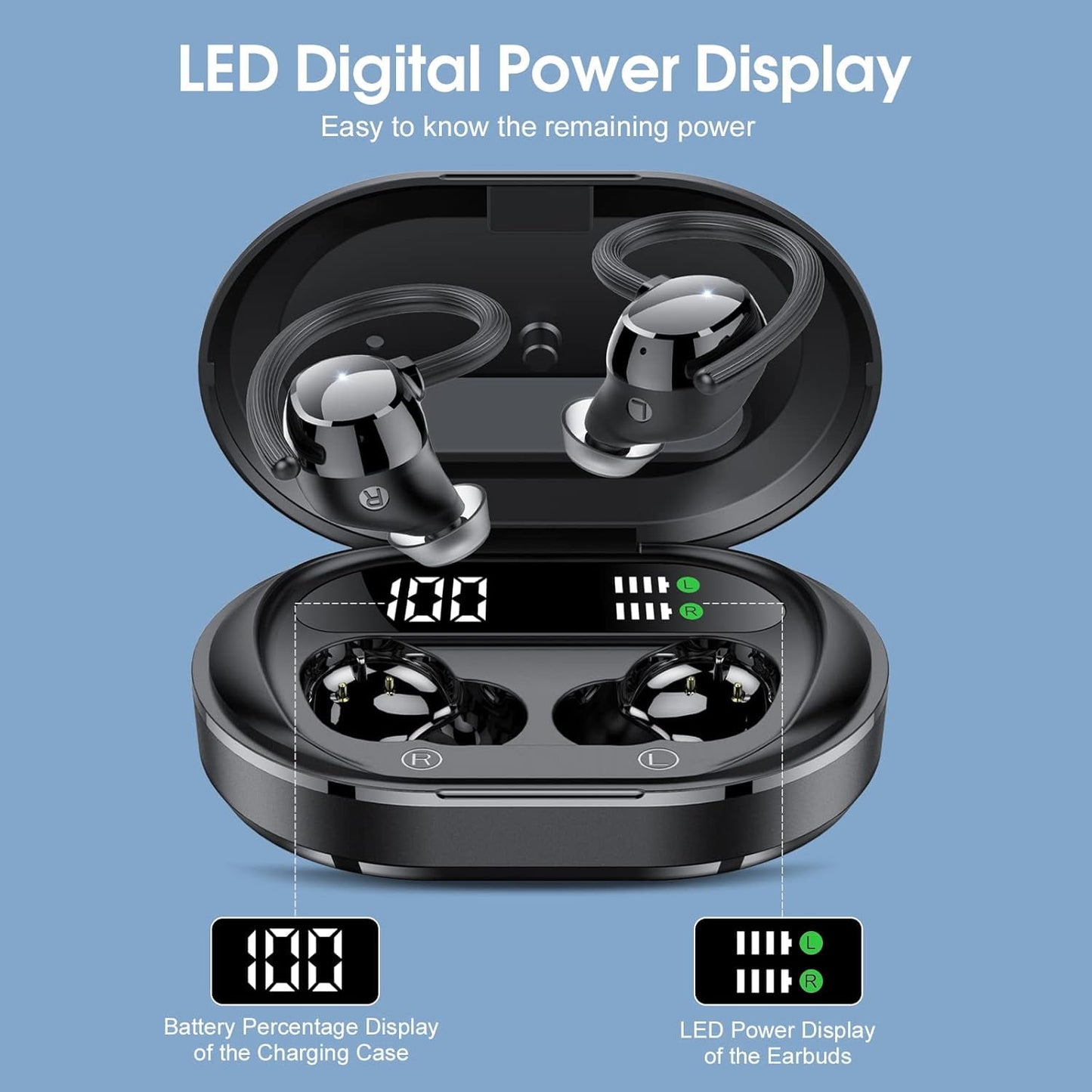 Ultralight Bluetooth Headphones Wireless Earbuds 125Hrs Sport Earphones with LED Display, Noise Cancelling Headphones with Earhooks Built-in Mic, IPX7 Waterproof Headset for Workout, Black
