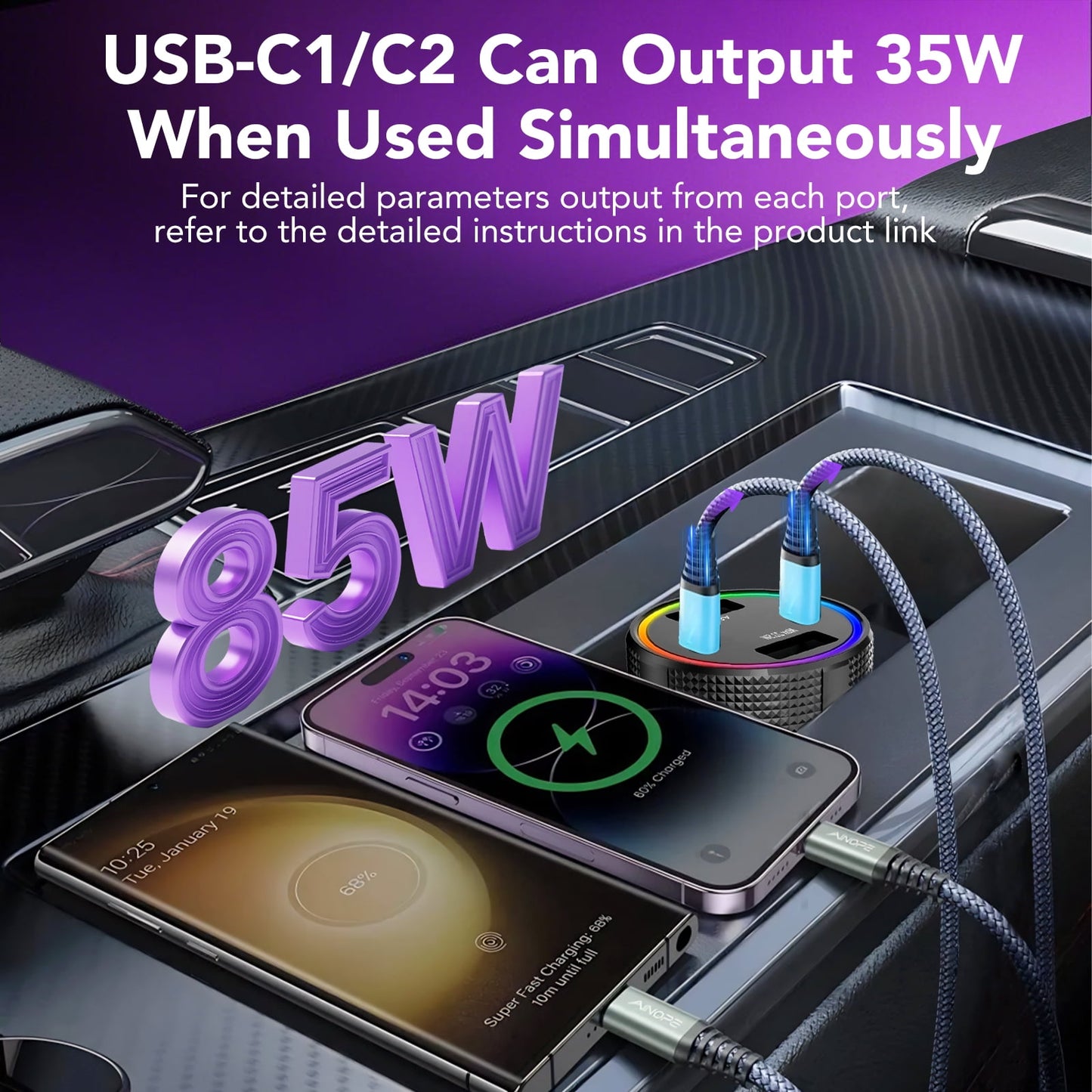 Car Charger Adapter, 4-Port 85W Fast Car Charger USB C, Cigarette Lighter Auto Charger Flush Compatible Samsung, Tablet, iPhone, iPad, LG, Automobile, Car Accessories for Women Men, for Gifts