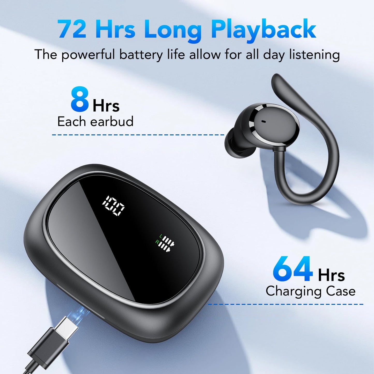 Wireless Earbuds 64hrs Bluetooth Headphone Sport, Bluetooth Earbuds Stereo Deep Bass Over Ear Bud with Earhooks, LED Display, ENC Noise Cancelling Mic, Earphones for Workout/Running, Black