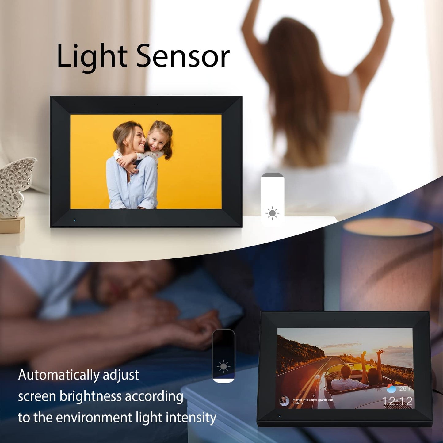 AEEZO Digital Photo Frame 10.1 Inch WiFi Picture IPS HD Touch Screen Smart Cloud Photo Frame with 16GB Storage, Auto-Rotate, Easy Setup to Share Photos or Videos Remotely via AiMOR APP (Black)