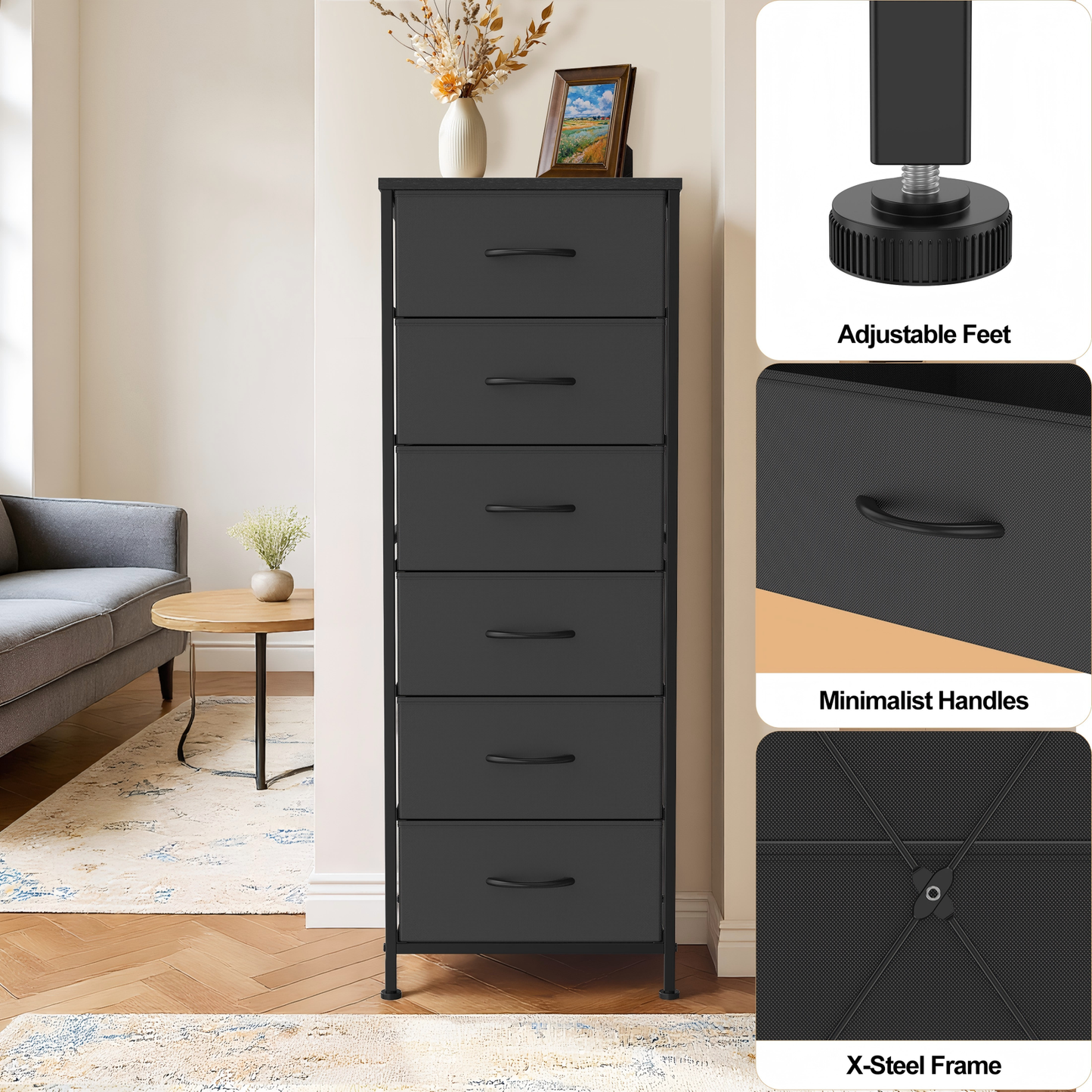 EZKAMFORT 6-Fabric Drawer Dresser for Bedroom Tall, Tall Fabric Chest of Drawers, Black Dresser of Clothes Drawer for Bedroom, Living Room