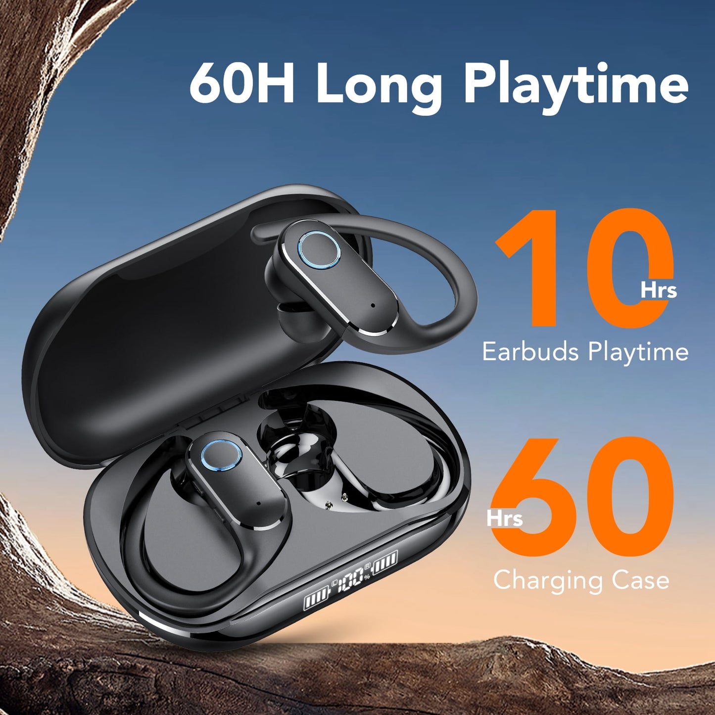 Bluetooth Headphones 5.4, Over-Ear Headphones Built-in 4 ENC Mics, 60Hrs Playtime Wireless Earbuds, Bass Boost 85%, IPX7 Waterproof Ear Buds with Earhook for Exercise Running Sports Black