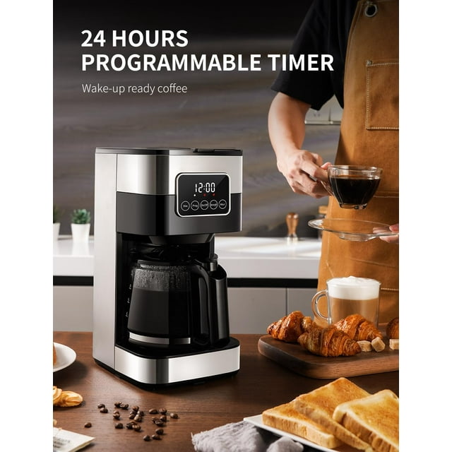 10-Cup Programmable Coffee Maker, Regular & Strong Brew Drip Coffee Machine for Home and Office, Auto Shut Off, Permanent Filter, Silver