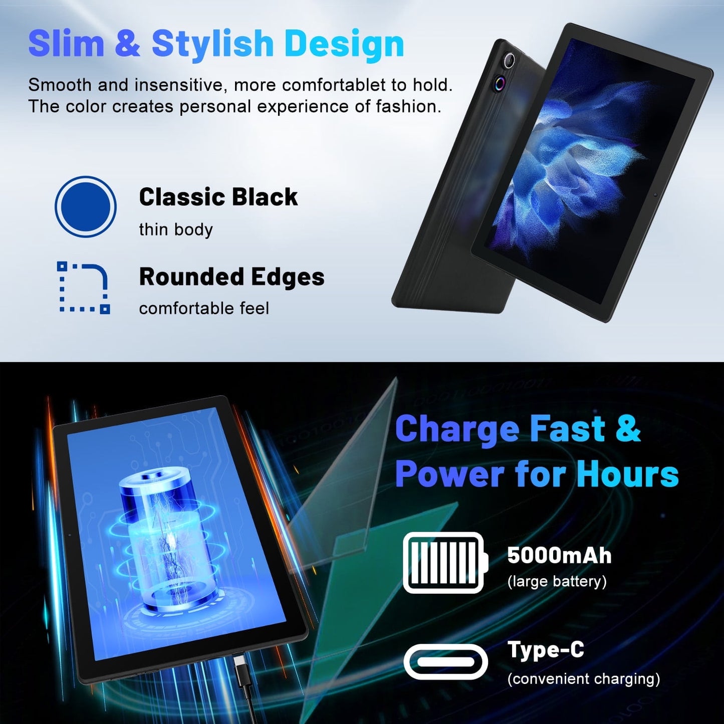 10.1inch Android 14 Tablet, Octa-Core Touch Screen Tablet, 10GB RAM+64GB ROM(Expand to 1tb), 5MP+8MP Dual Cameras, Dynamic Halo, Face ID, Bluetooth, WiFi 6, 5000mAh Battery,Black