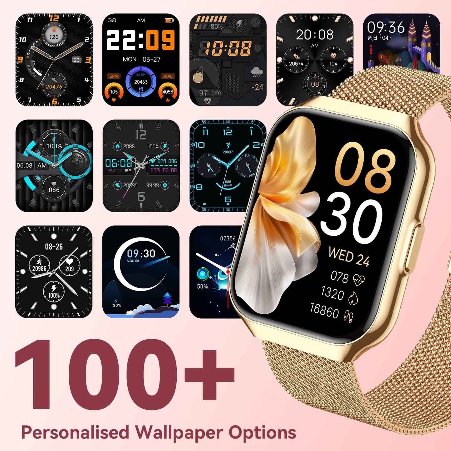 Tikland Smart Watch for Women 1.96'' Fitness Tracker Gold Smart Watches for Women Digital Watches 120 Sports Mode Make/Answer Call Waterproof Running Smartwatch Fits for Android iPhone 2 Straps