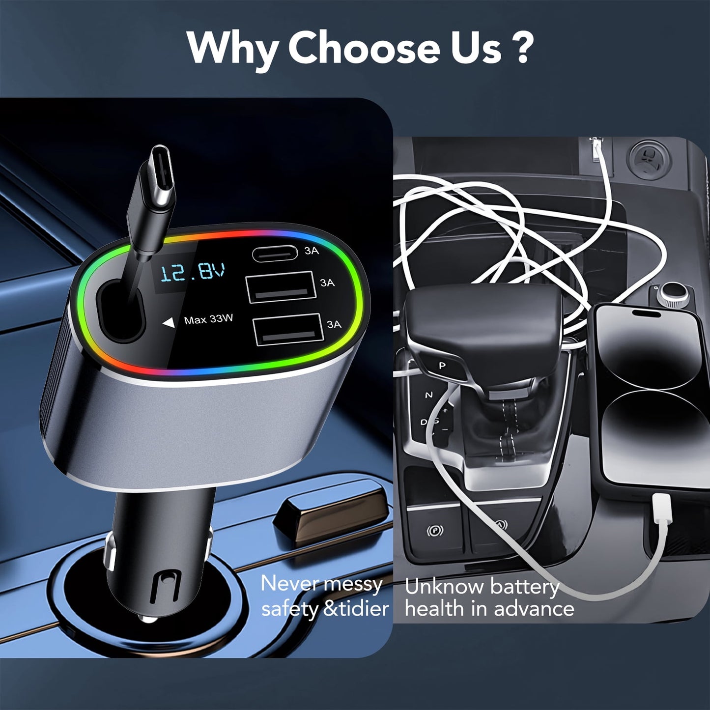 4 In 1 Retractable Car Charger, 78w Car Charger USB C, Fast Car Phone Charger with Cord 2.6ft, Car Chargers Compatible with Android and iPhone,Car Accessories for Women Men, Perfect Gifts