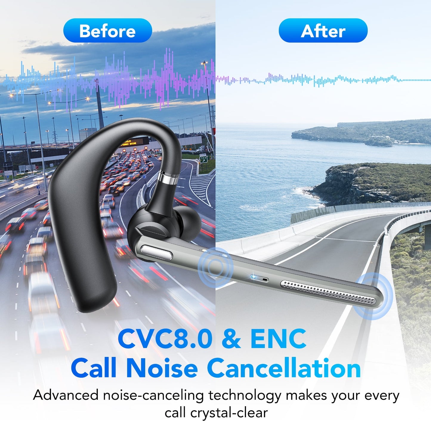 Tikland Bluetooth Headsets, Wireless Bluetooth Earpiece with 500mAh Charging Case 250 Hours Talking Time Built-in Microphone for iOS Android Cell Phone, V5.3 Hand-Free Headphones for Trucker, Office