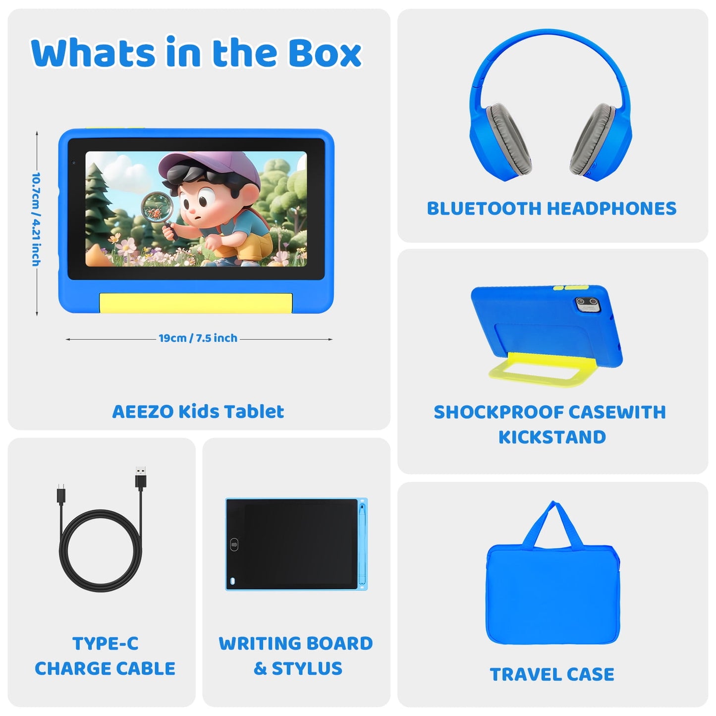 7-inch Kids Learning Tablet Bundle - 8GB RAM + 64GB ROM (Expandable to 128GB) | Parental Control, Pre-Installed Kids Software, Dual Camera | Includes Headphones, Stylus & Bag - Blue