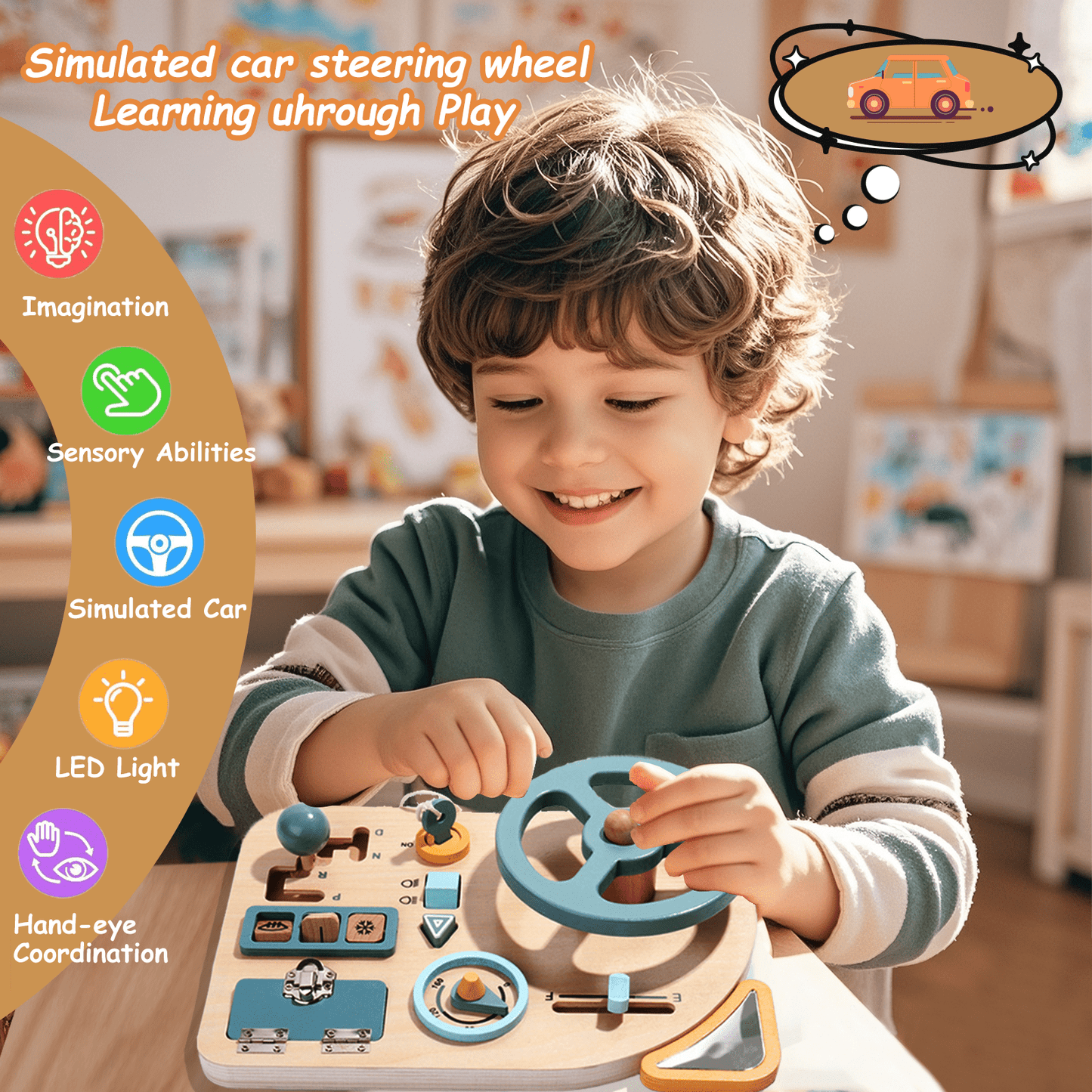 Busy Board for 1 +Year Old, Montessori Learning Toys, Wooden Car Steering Wheel Travel Toddler Toy, Aesthetic Sensory Activity Board Fine Motor Skills for Boys Girls as Back to School Gift