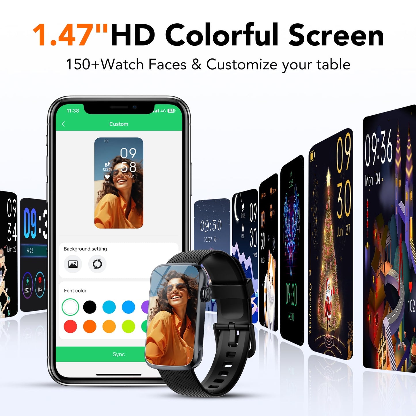 1.47" Fitness Tracker, Smartwatch for Women Men with Multiple Sport Modes Step Counter, Bluetooth Calls (Make/Answer), IP68 Waterproof, Fitness Tracker Compatible with Android and iPhone, Black