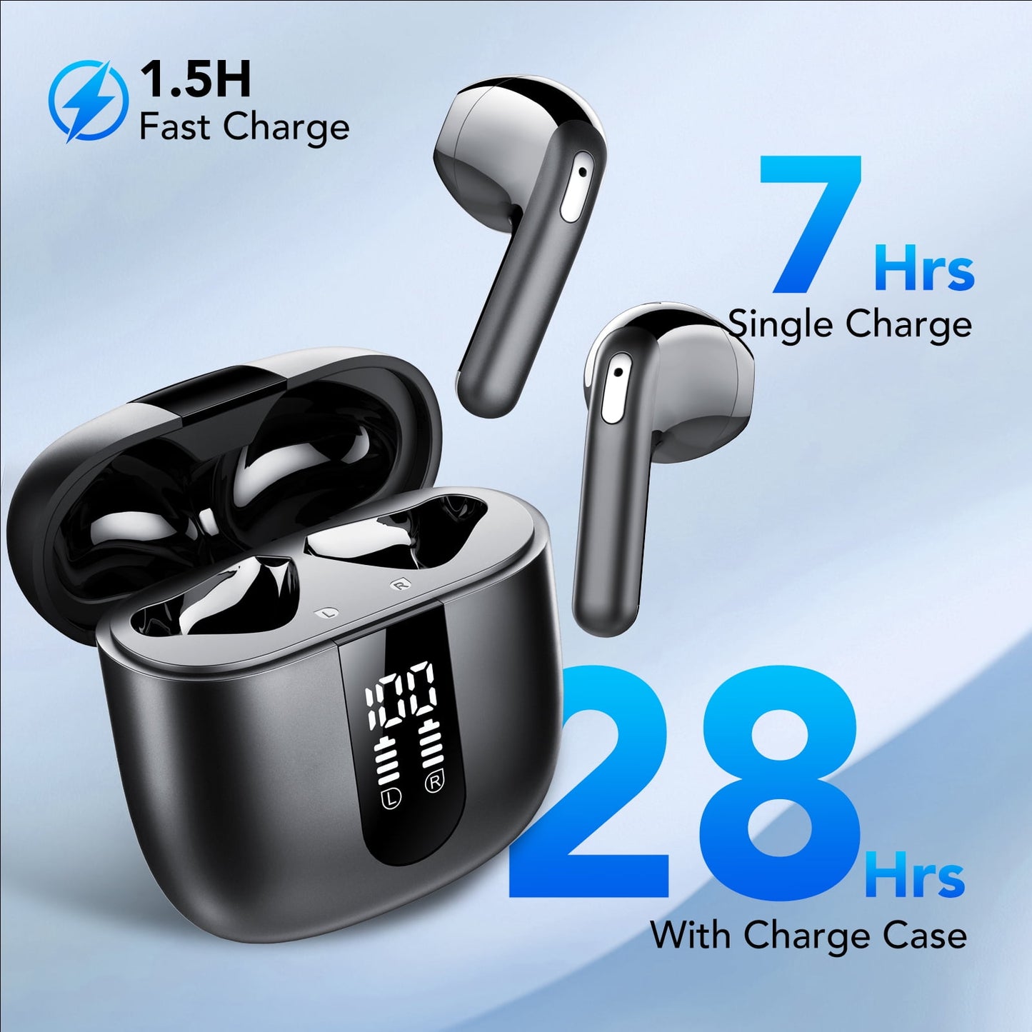 Wireless Earbuds, Bluetooth 5.4 Headphones in Ear buds, HiFi Stereo Wireless Earphones with 4 ENC Noise Cancelling Mics, 35H Wireless Headphones with IP7 Waterproof, LED Display USB C, Mini Ultraligh