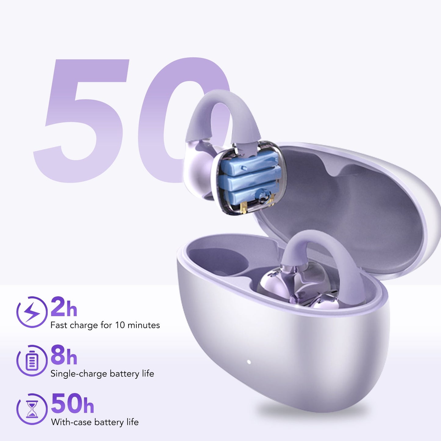Open Ear Earbuds, Wireless Earbuds, Bluetooth Headphones with Mic, Adaptive Noise Cancelling Calls, Bluetooth 5.4, 50H Playtime, Light Weight, Clip On Earbuds for Workout/Running (Purple)
