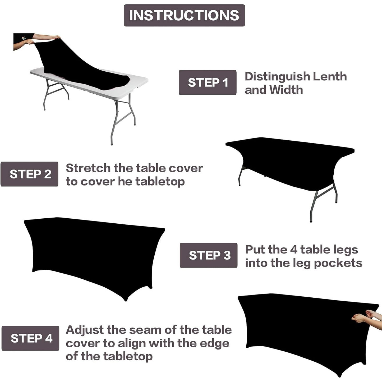 Parojati 1 Pack 4FT Table Cloth for Rectangular Fitted Events Stretch Pink Table Covers Washable Spandex Tablecloth Protector for Party, Wedding, Cocktail, Banquet, Festival Black