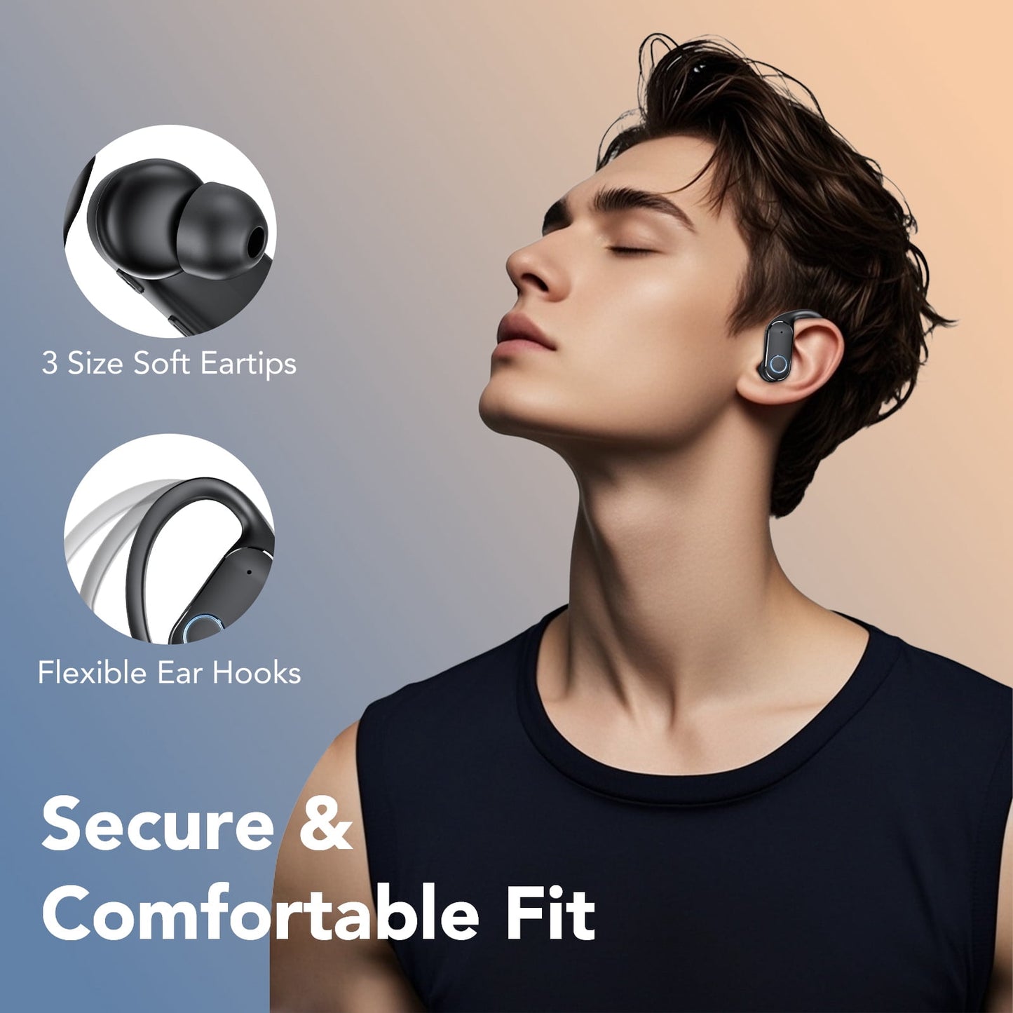Bluetooth Headphones 5.4, Over-Ear Headphones Built-in 4 ENC Mics, 60Hrs Playtime Wireless Earbuds, Bass Boost 85%, IPX7 Waterproof Ear Buds with Earhook for Exercise Running Sports Black