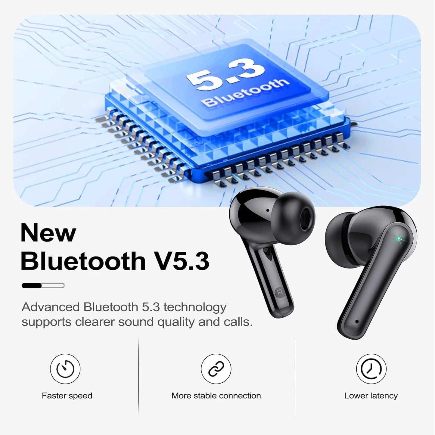 Wireless Ear Buds 48H Playtime Bluetooth Ear Buds Stereo Bluetooth Headphones LED Display IPX7 Waterproof in-Ear Earphones with Mic for TV Smart Phone Laptop Computer Sports