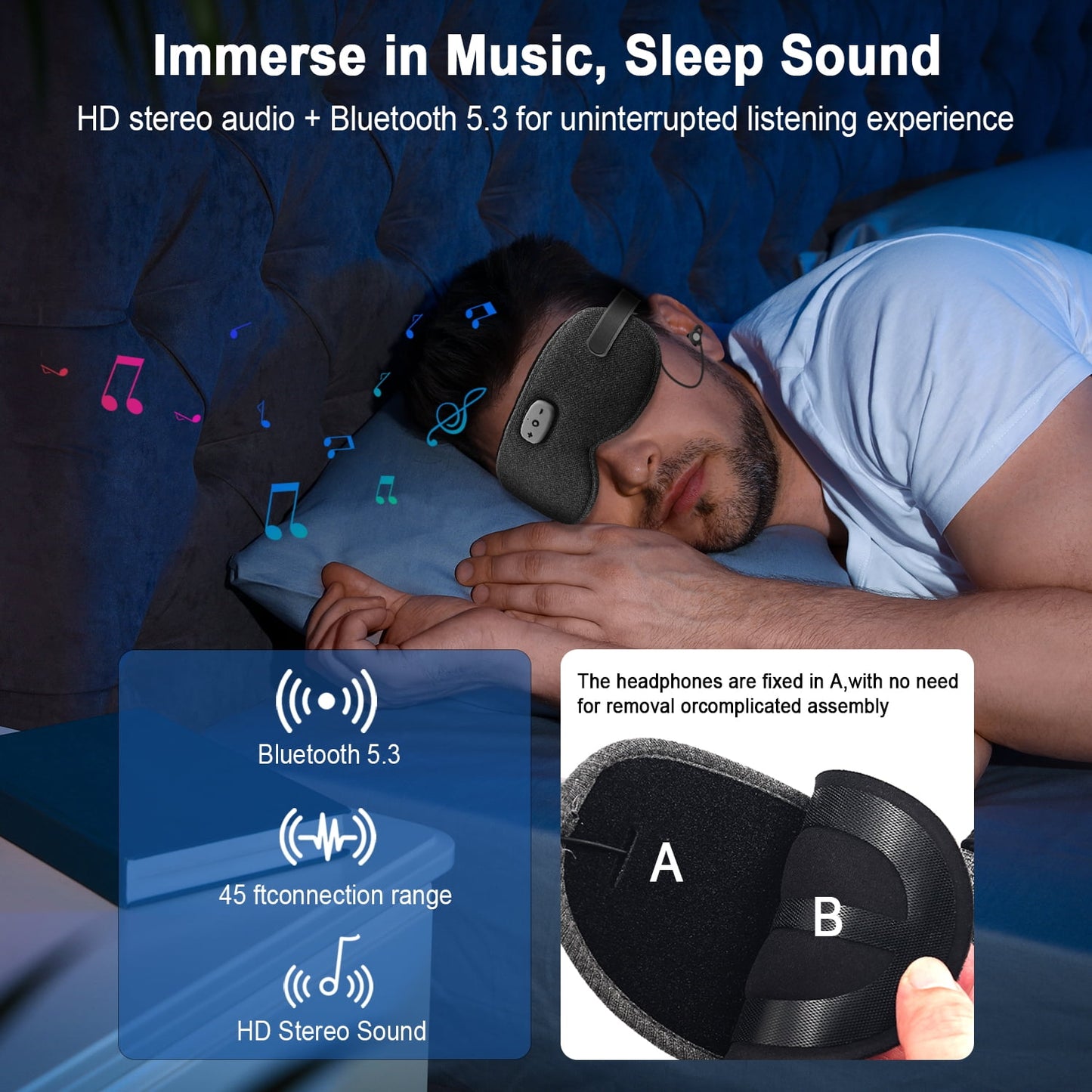 Sleep Headphones, Sleep Mask with Headphones Bluetooth 5.3 with HD Stereo Speakers for Side Sleepers, Zero Eye Pressure, Adjustable 3D Sleep Eye Mask for Airplane/Travel/Meditation/Nap