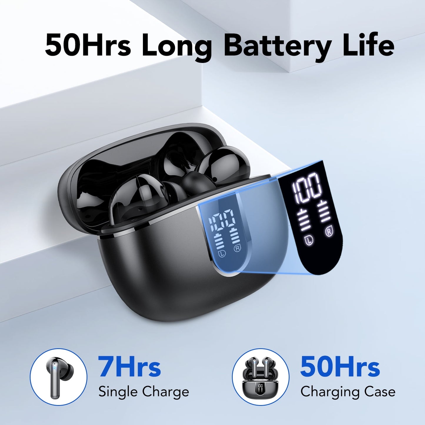 Wireless Earbuds, Bluetooth Headphones 5.4, Bass Boost 85%, 50Hrs Playtime Bluetooth Earbuds with 4 ENC Call Noise Cancelling Mics, IP7 Waterproof Sports Ear buds for Android iOS Black