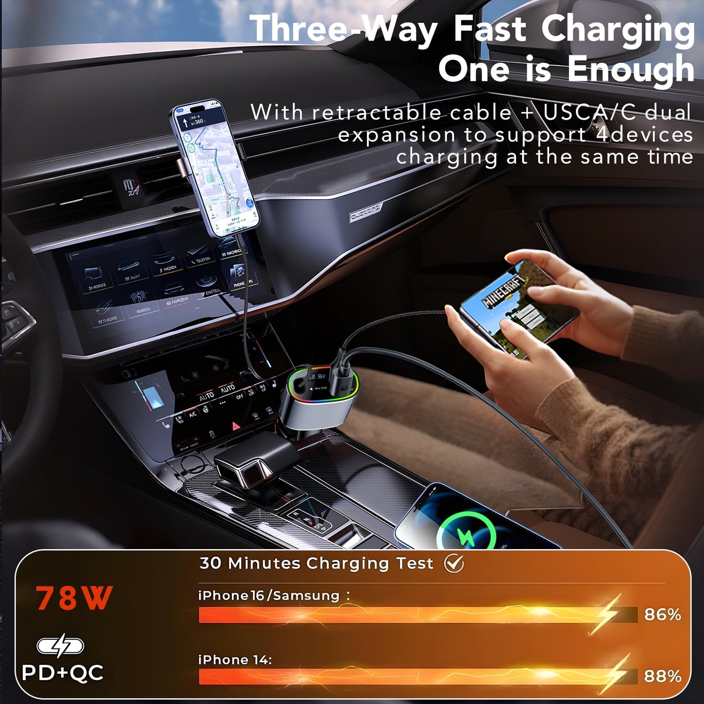 4 In 1 Retractable Car Charger, 78w Car Charger USB C, Fast Car Phone Charger with Cord 2.6ft, Car Chargers Compatible with Android and iPhone,Car Accessories for Women Men, Perfect Gifts