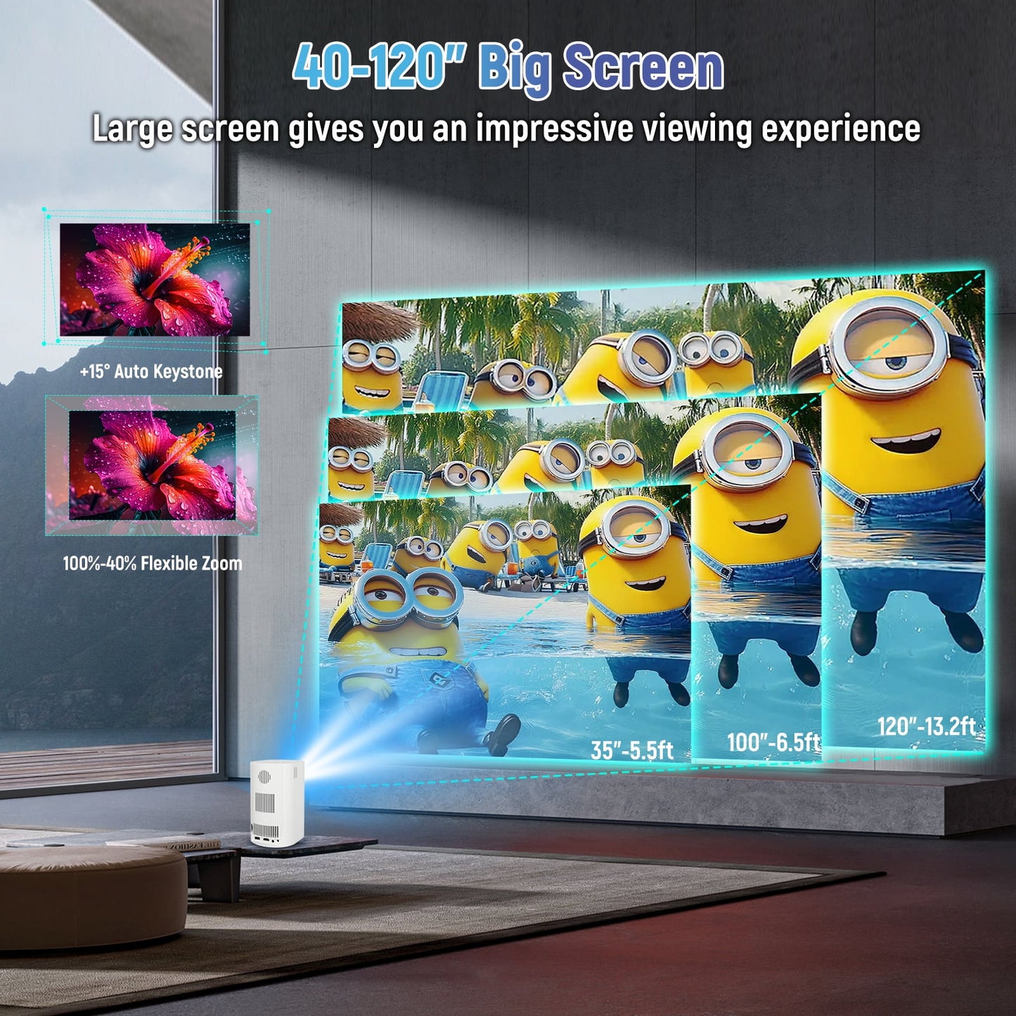Mini Projector with WIFI 6 and Bluetooth, 4K 1080P Support Projector Screen Movie Projector Auto Keystone Compatible for Laptop, PC, Smartphone