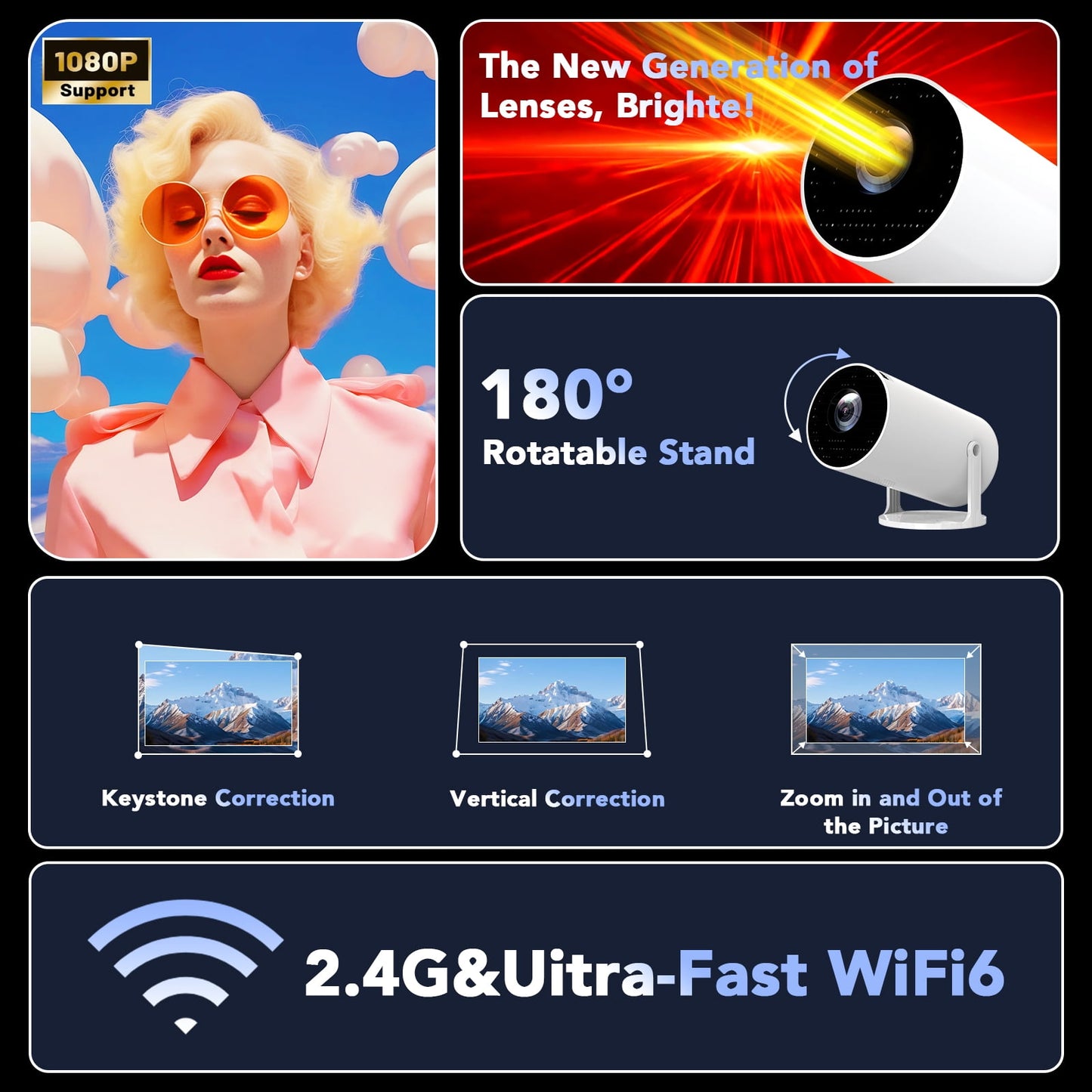 Mini Projector with WiFi and Bluetooth,4K 1080P Support Smart Portable Projector Auto Keystone 180°Adjustable Stand Outdoor Home Theater 150" Projector Compatible for Laptop, PC, Smartphone