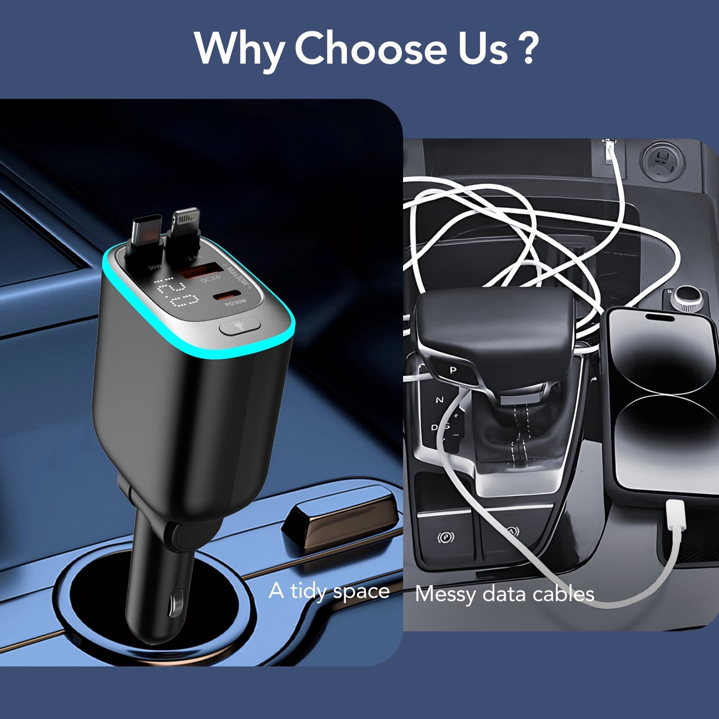KT1 Retractable Car Charger Usb C, 4 in 1 Car Charger, 180° Adjustable, for iPhone 16, iPad, Airpod, Galaxy, Pixel, Fathers Day Gifts