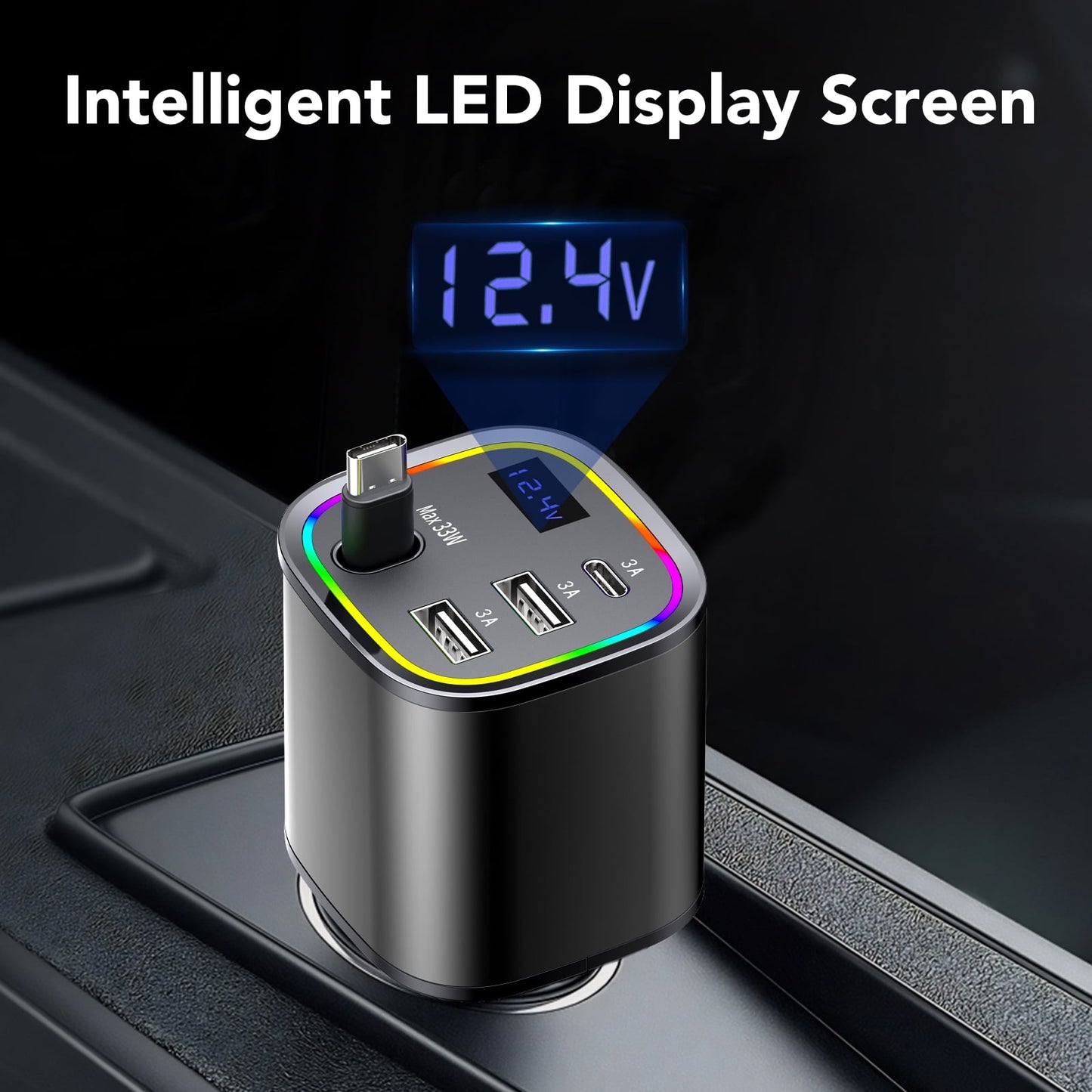 Fast Car Charger Adapter, 4 in 1 charging, Type-C, Lightning Charging Plug, USB C & USB A Ports, Compatible with Most mobile phones, For Road Trips & Daily Commute