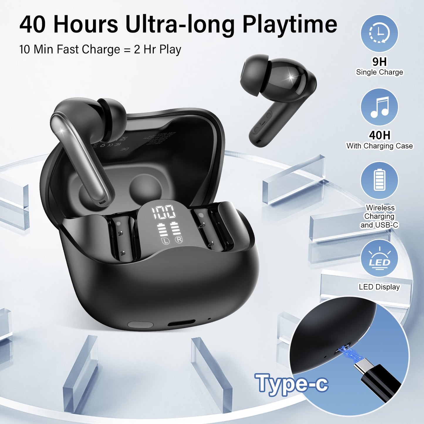 Wireless Earbuds, Bluetooth 5.4 Headphones with Hybrid Active Noise Cancelling with 3 Mics ANC Clear Call, 40H Playtime Earphones with Wireless Charging Case Power Display for Gym/Running/Work, Black