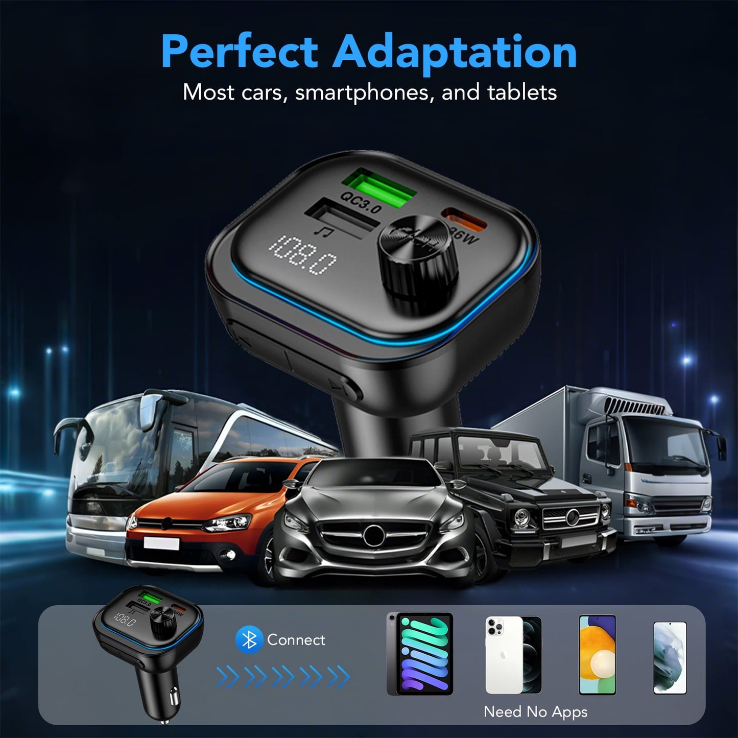 FM Transmitter Bluetooth with USB C Charger & Hands-Free Calling, Wireless Radio Adapter MP3 Player, Supports U Disk/AUX, Bluetooth FM Transmitter for Car, Compatible with iPhone/Android