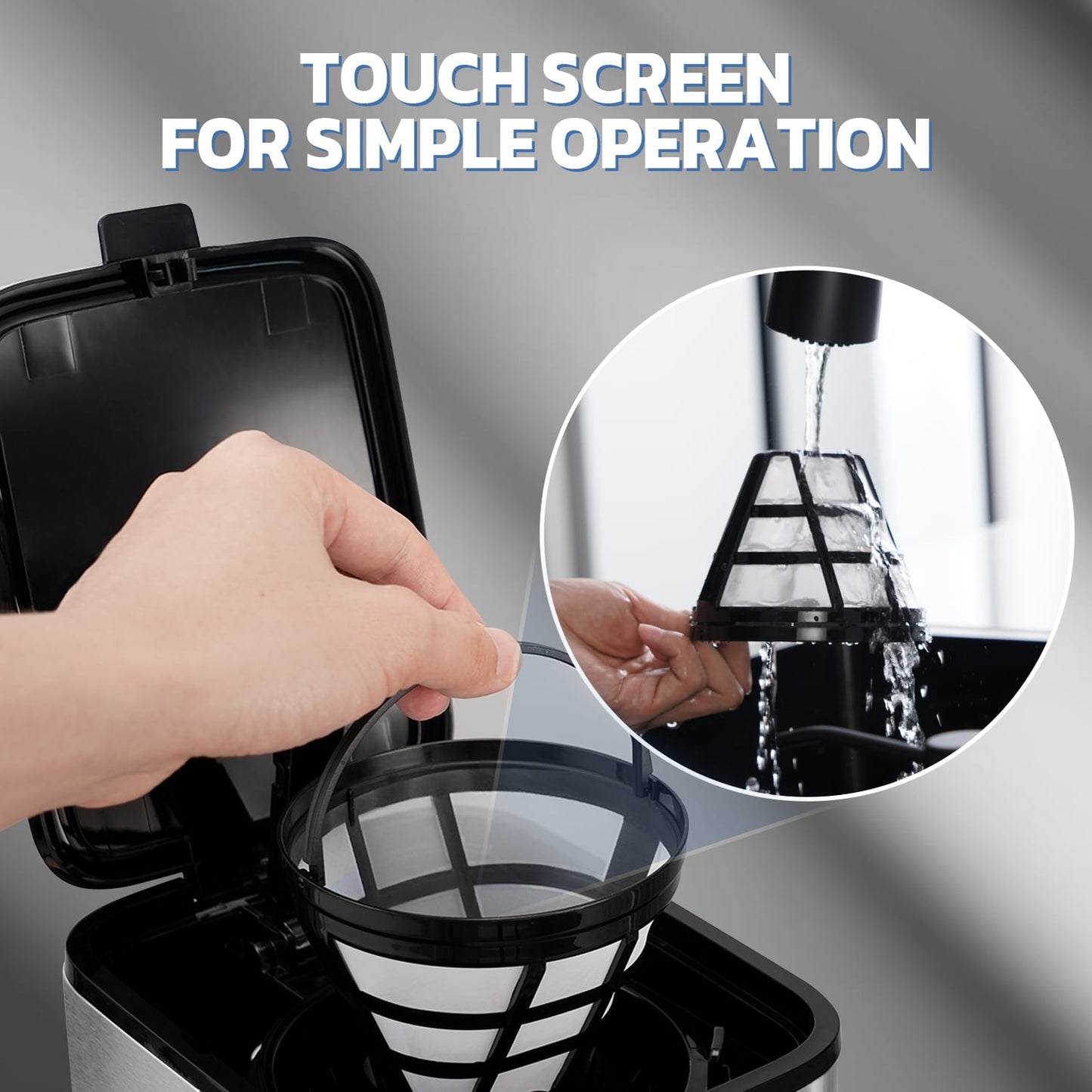 8-Cup Programmable Coffee Maker with Thermal Carafe, Touch Screen Timer, Auto Shut Off & Pause-Serve Feature, Strong Brew Option, Stainless Steel & Black
