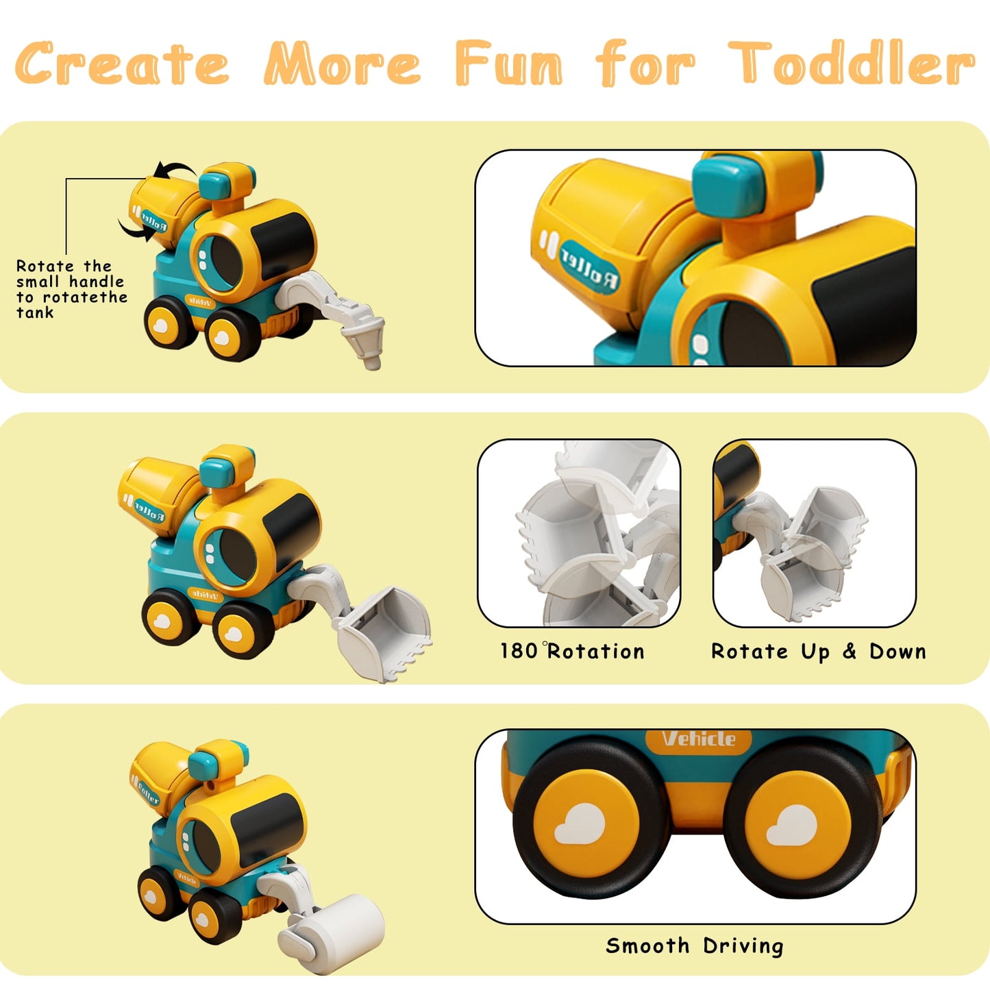 QXQ Construction Toys, Pressing Engineering Trucks Vehicles, Includes Excavator, Road Roller, Bulldozer, Pile Driver, Car Toys for Boys 3-6 Years Kid Toddlers Birthday Gifts (Colorful 4 Pack)