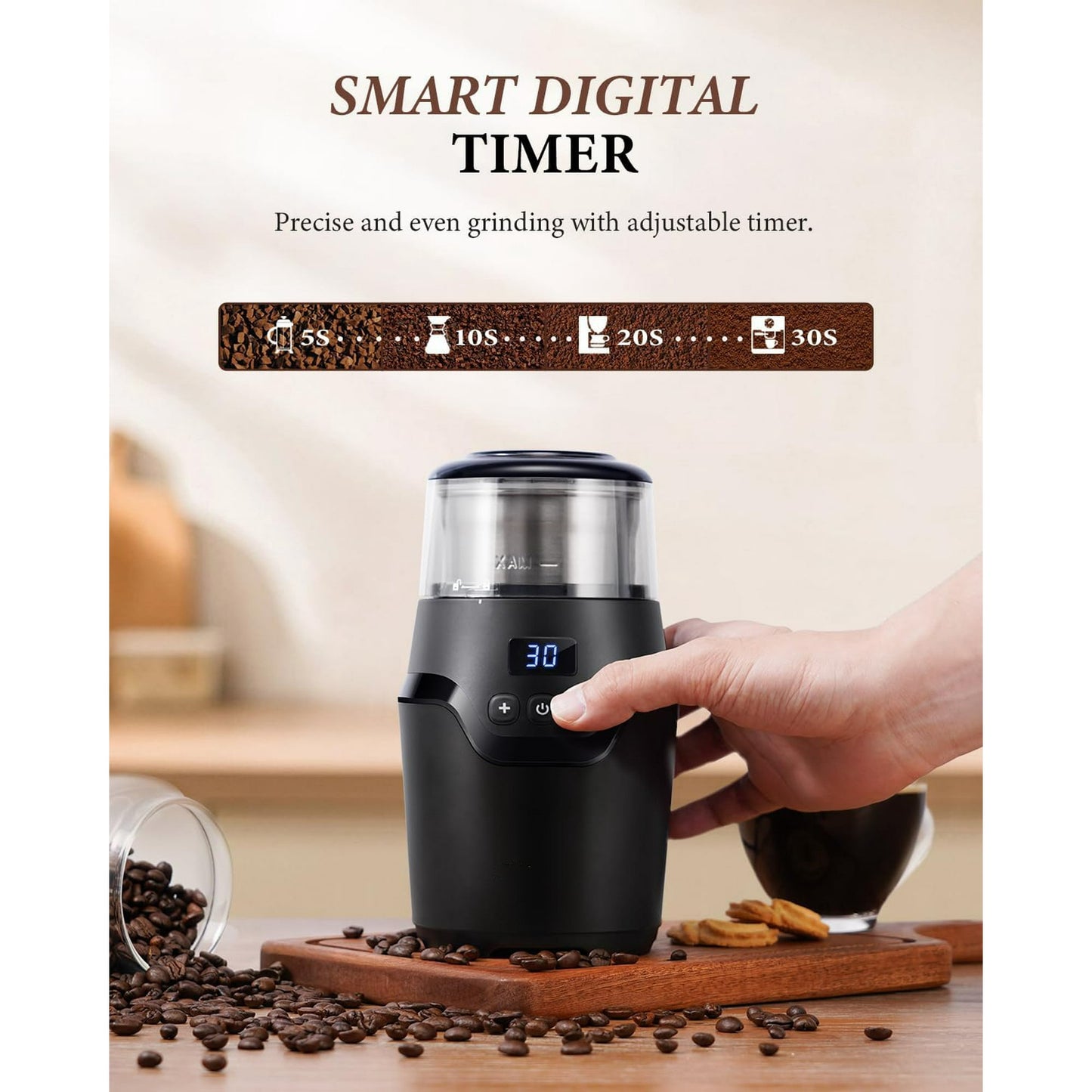 GDOR Adjustable Coffee Grinder Electric,Super Silent Electric Coffee Bean Grinder with Time-Memory Adjustment and Multi-Functional Stainless Steel Cup for Spices, Herbs, and Nuts Grinding