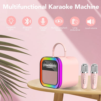 Mini Karaoke Machine for Kids Adults, Portable Bluetooth Speaker with 2 Wireless Microphones, Birthday Gifts for Ages 3-12 Year Old, Voice Changer, Portable Karaoke Machine for Family Party