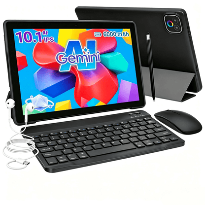 Gstrlinen  10 Inch Tablet with Gemini AI and Keyboard set, 34GB+128GB, 6000mAh, Face Unlock, Android 16, Black