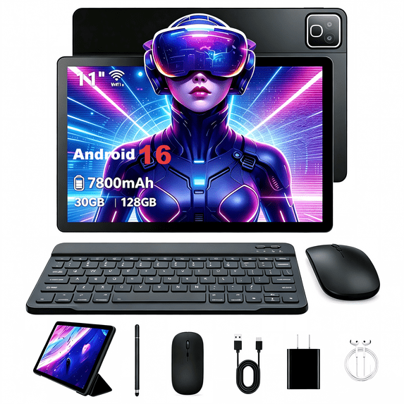 Gstrlinen 11 Inch Tablet with Keyboard set, 30GB RAM+128GB ROM, 2000x1200 IPS HD Display, Dual Camera, 7800mAh, Black