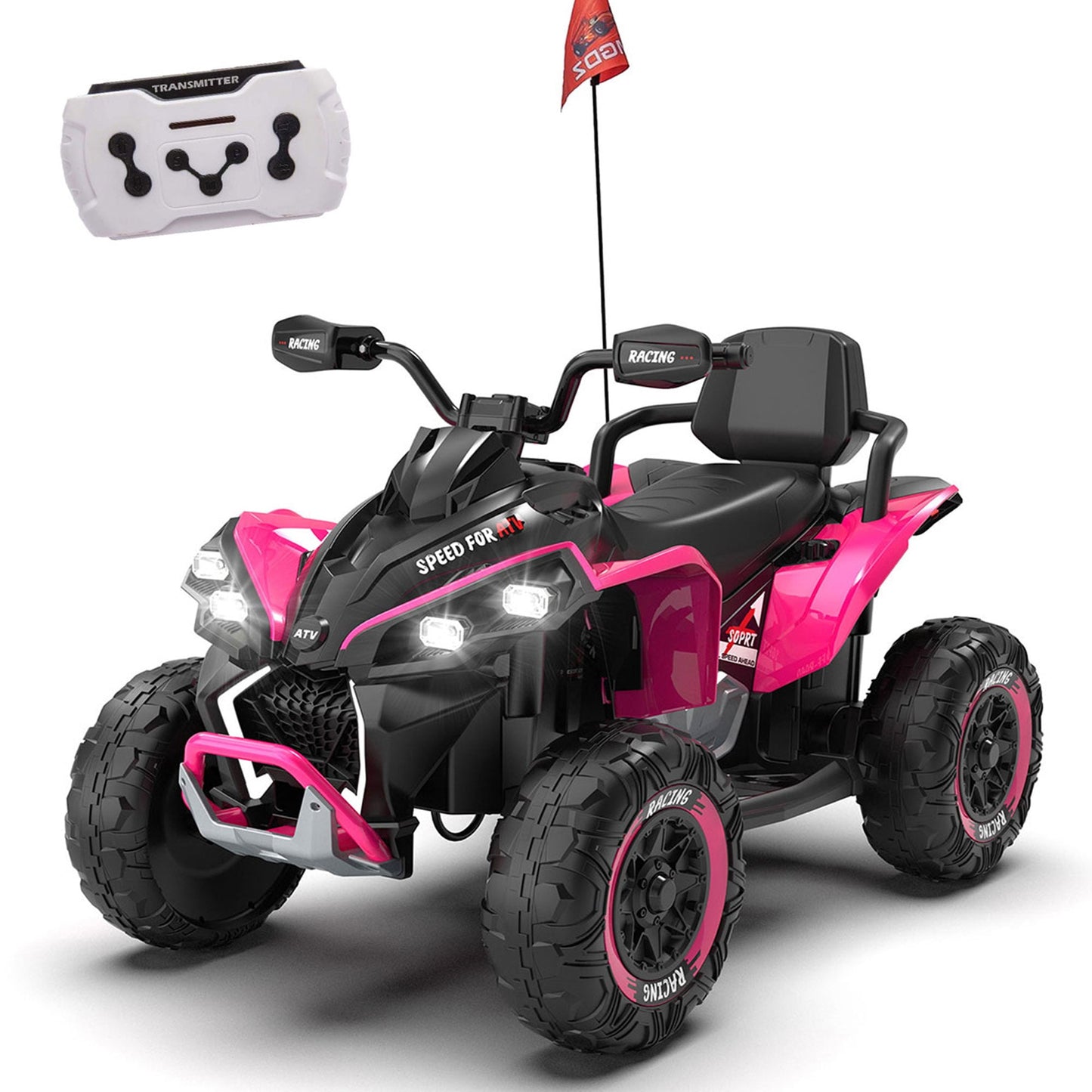 iRerts 24V Ride on ATV with Remote Control, Powered Ride on Toys Electric 4 Wheeler for Boys Girls Ages 3-12 Gifts, Kids Ride on Car Electric Vehicle with Pinktooth, Music, USB Port, LED Light, Pink