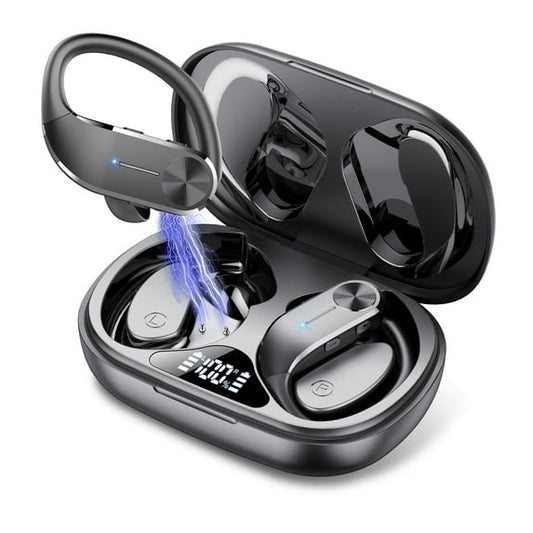 Open Ear Earbuds, Bluetooth 5.4 Wireless Earbuds with Ear Hooks, 60Hrs Playtime Bluetooth Headphones, HD Stereo Bass Over Ear Earphones, IP8 Waterproof Ear Buds for Workout/Running, Black