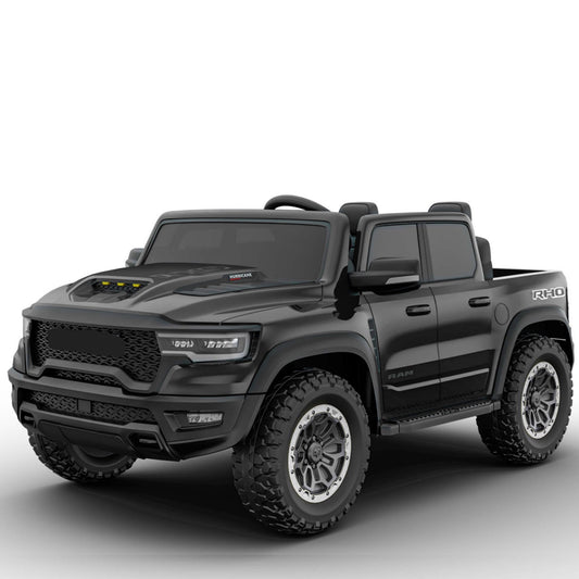 24V RAM 1500 Ride on Cars for Kids, 2 Seater Powered Ride on Truck with Remote Control, Electric Car for Boys Girls 3-8 w/Bluetooth/LED Headlights/Safety Belts, Black