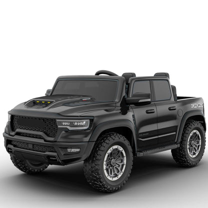 24V RAM 1500 Ride on Cars for Kids, 2 Seater Powered Ride on Truck with Remote Control, Electric Car for Boys Girls 3-8 w/Bluetooth/LED Headlights/Safety Belts, Black