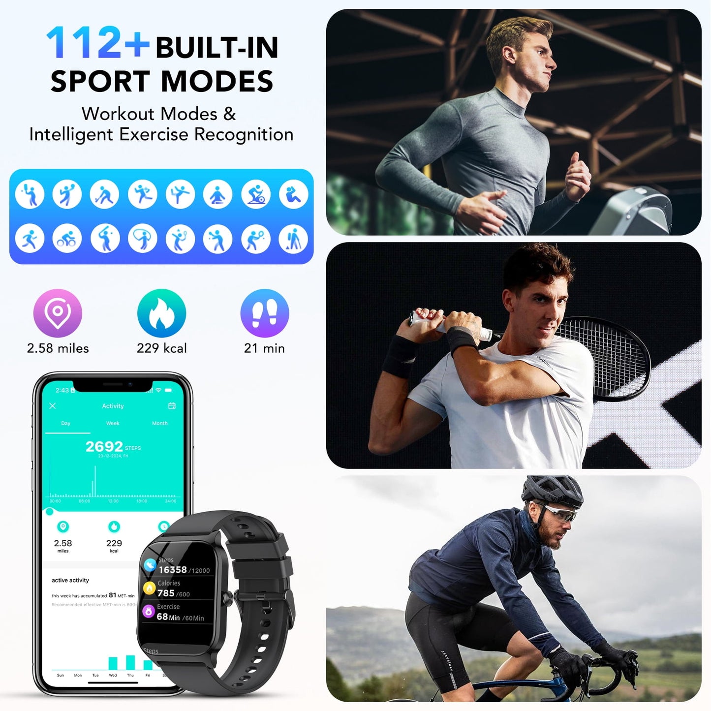 Smart Watch Fits for Android and IPhone, 1.85 inch Fitness Tracker, Men Women's Smartwatch with Answer/Make Calls/112+ Sports Modes/Message Reminder, IP68 Waterproof, for Gift Black